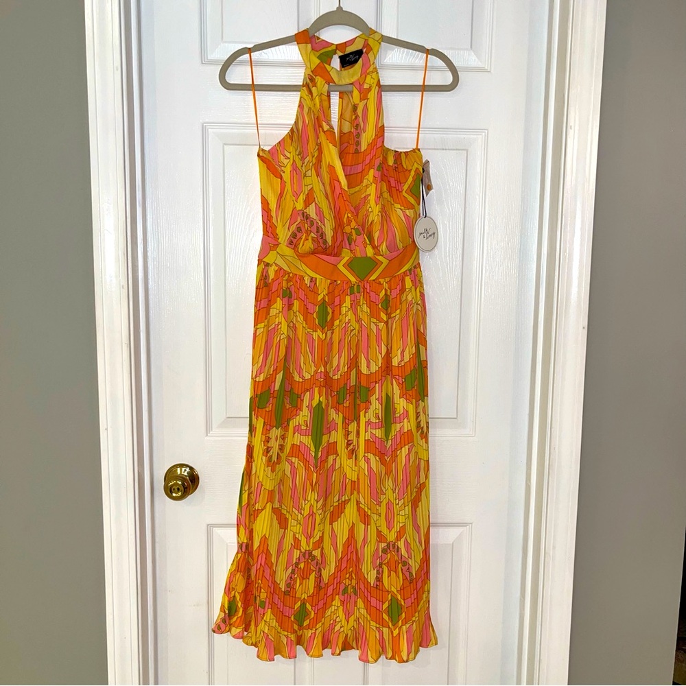 Milk & Honey Brightly Colored Geometric Pattern Pleated Halter Dress Small NEW